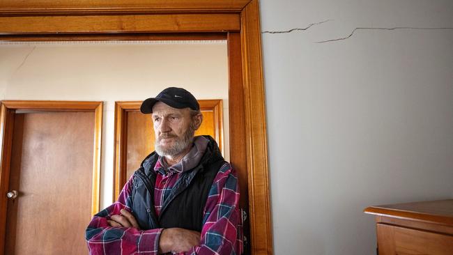 Mr Balla now struggles to close his sliding doors at his home opposite the West Gate Tunnel worksite. Picture: Mark Stewart