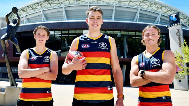 Brayden Cook, Riley Thilthorpe and Luke Pedlar at Adelaide Oval. Picture: Mark Brake