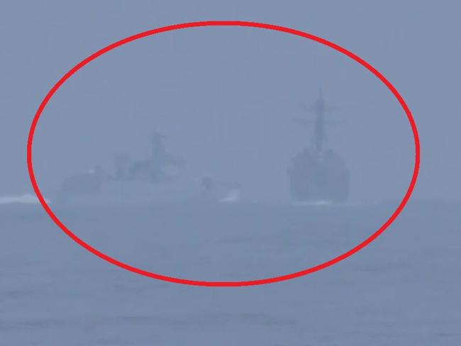 The close call brought the warships within 140m of each other. Picture: Twitter/Global News