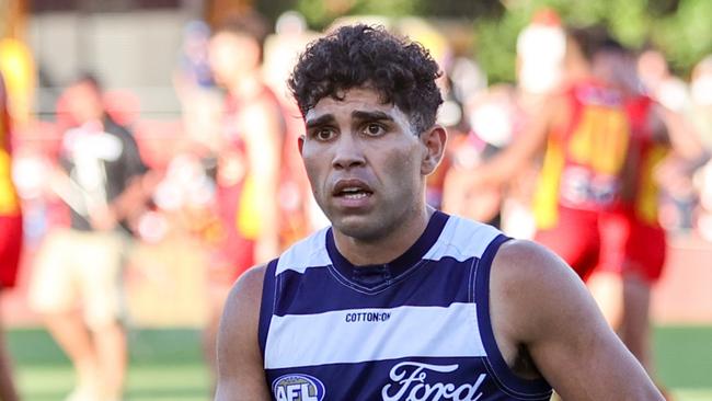 GOLD COAST, AUSTRALIA - APRIL 02: Tyson Stengle of the Cats leaves the ground after the 2023 AFL Round 03 match between the Gold Coast Suns and the Geelong Cats at Heritage Bank Stadium on April 2, 2023 in the Gold Coast, Australia. (Photo by Russell Freeman/AFL Photos via Getty Images)