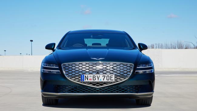 The grille is a distinctive feature of the Genesis G80 Electrified Lux.