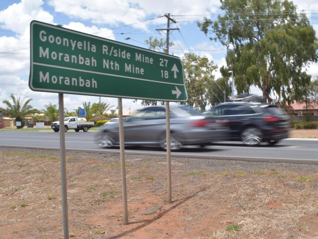 A sign for Goonyella Riverside Mine and Moranbah North Mine. Generic. Photo: Zizi Averill