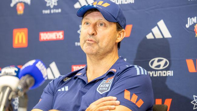 Blues coach Laurie Daley discusses his team at a press conference on Monday. Picture Thomas Lisson