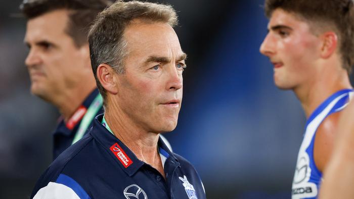 MELBOURNE, AUSTRALIA - MARCH 23: Alastair Clarkson, Senior Coach of the Kangaroos is seen at three quarter time during the 2024 AFL Round 2 match between the North Melbourne Kangaroos and the Fremantle Dockers on March 23, 2024 in Melbourne, Australia. (Photo by Dylan Burns/AFL Photos)