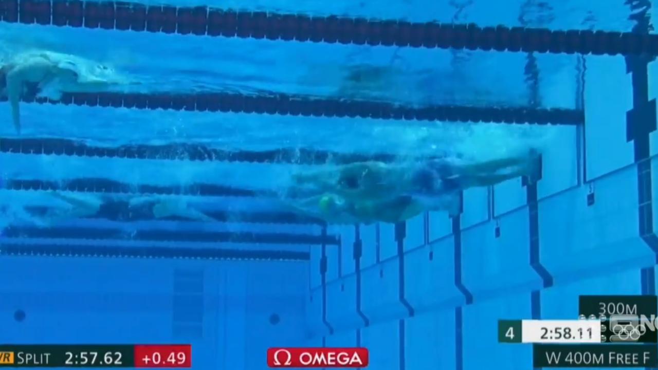 Ledecky turned just ahead of Titmus. Photo: Channel 9.