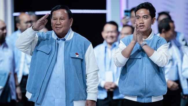 Presidential candidate and Indonesian Defence Minister Prabowo Subianto and vice-presidential candidate Gibran Rakabuming Raka at a rally in Jakarta. Picture: AFP