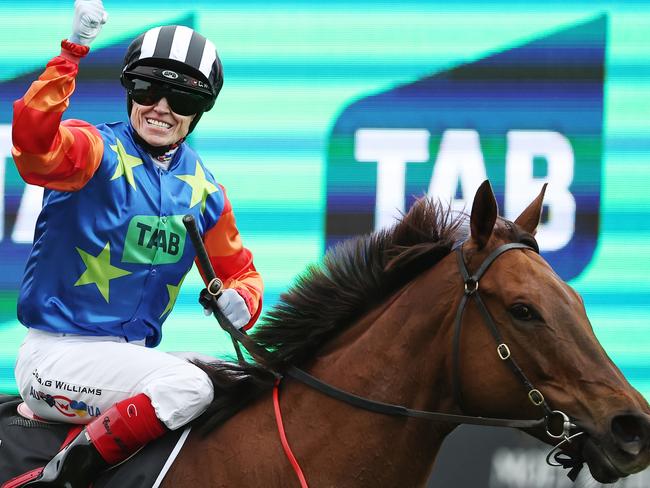 SYDNEY, AUSTRALIA - OCTOBER 19: Craig Williams riding Bella Nipotina wins Race 7 The TAB Everest during Sydney Racing - The Everest Day at Royal Randwick Racecourse on October 19, 2024 in Sydney, Australia. (Photo by Jeremy Ng/Getty Images)