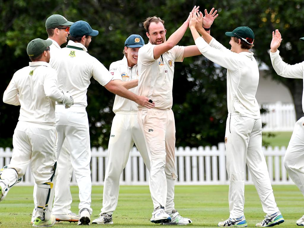 Redlands players celebrate a wicket Sci-Fleet Motors club cricket competition between Toombul and Redlands Saturday October 1, 2022. Picture, John Gass