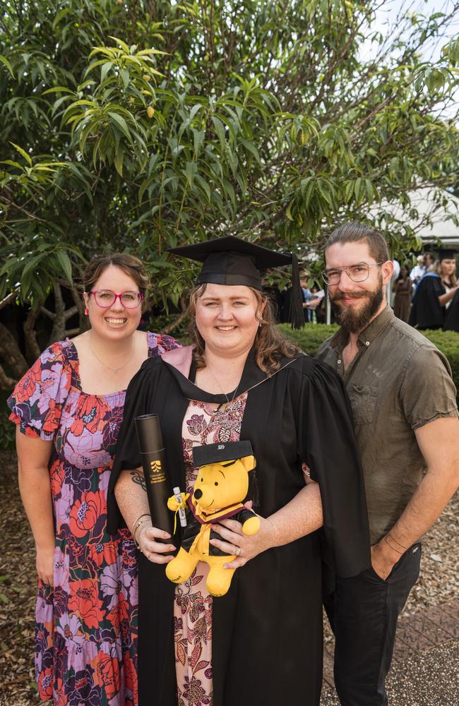 Bachelor of Education graduate Shannon Blackley with Michelle Flint and Josh Blackley at a UniSQ graduation ceremony at Empire Theatres, Tuesday, February 13, 2024. Picture: Kevin Farmer