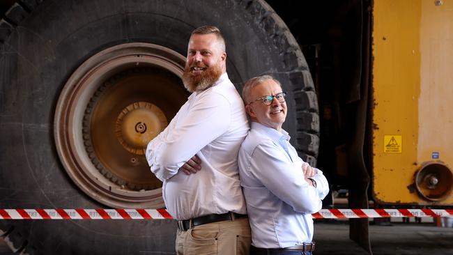 Anthony Albanese was in his element hamming it up for the cameras with Labor candidate for Hunter Dan Repacholi on Thursday. Picture: Toby Zerna