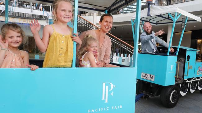 Michelle Harris Smith and her daughters Grace Smith 6, Isley Smith 5 and Holly Smith 3, enjoying the train driven by Thomas McIntyre, Centre Concierge and part time driver. Picture Glenn Hampson