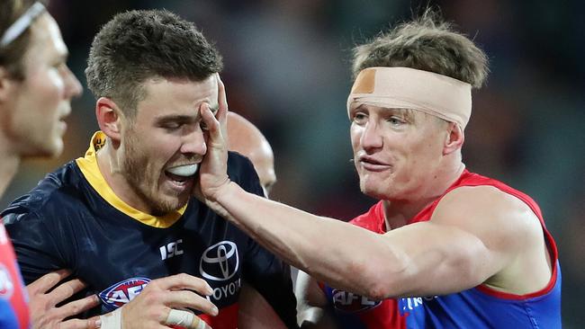 Aaron vandenBerg has an altercation with Paul Seedsman at quarter-time. Picture: Sarah Reed