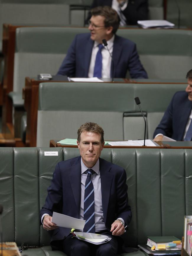 Minister for Population, Cities and Urban Infrastructure Alan Tudge (rear) and Attorney General Christian Porter during Question Time this week. Picture: Sean Davey.