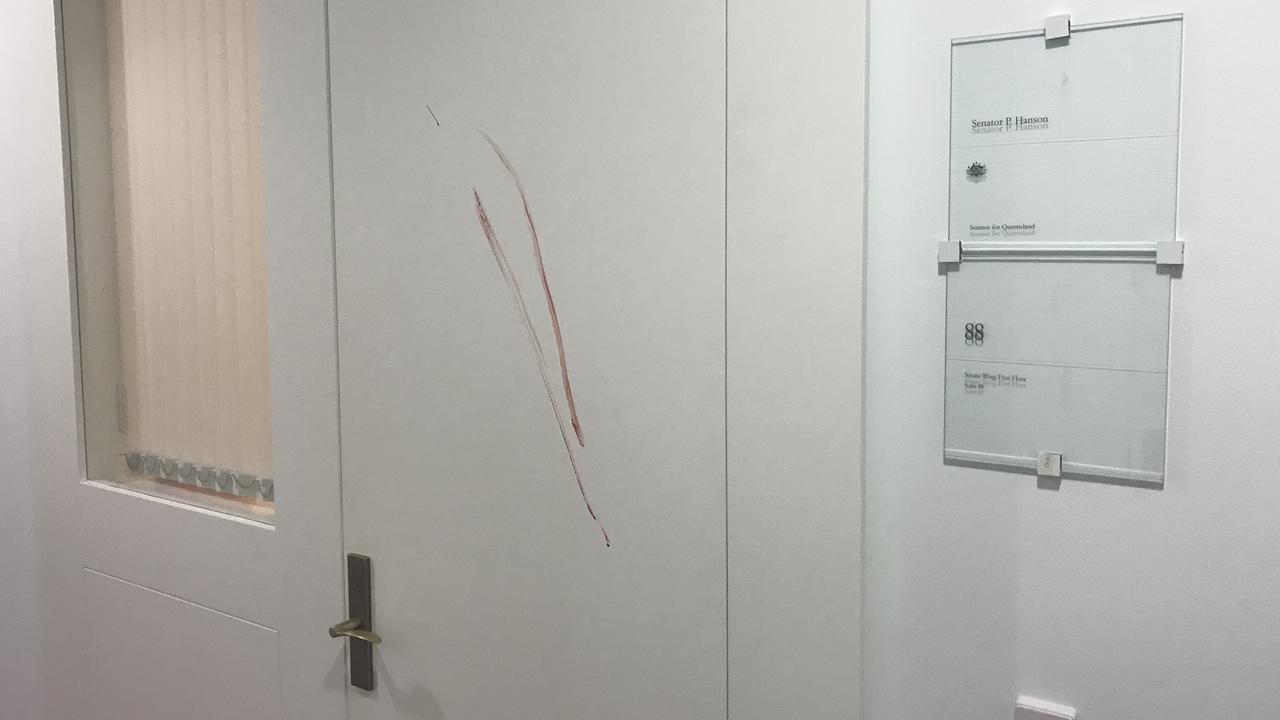 Blood smeared on the door of Pauline Hanson's office.