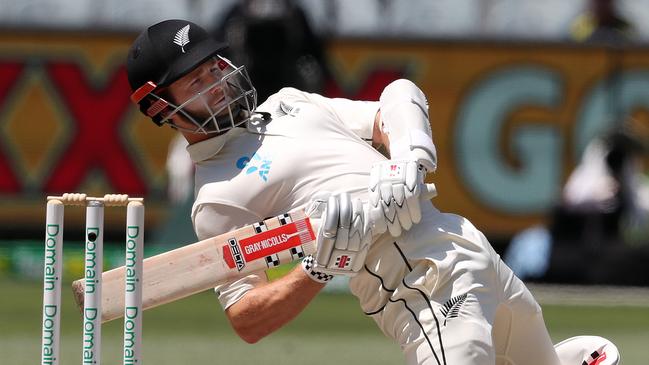 New Zealand captain Kane Williamson avoids a bouncer from Australia’s Pat Cummins. Picture: Michael Klein