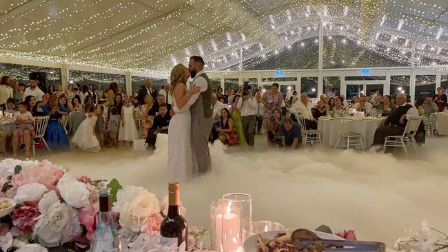 Andrea and Andreas' romantic first dance, with a sparkling backdrop filled with friends and family. Picture: Instagram