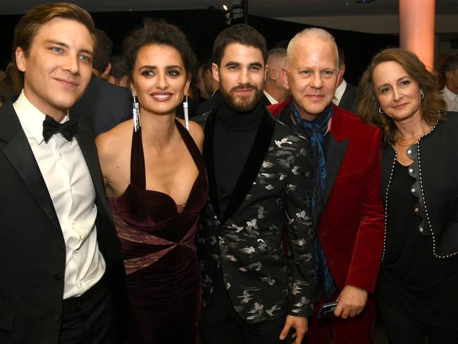 Cody Fern with Penélope Cruz, Darren Criss, Ryan Murphy and Nina Jacobson after the premiere of The Assassination Of Gianni Versace. Picture: Getty