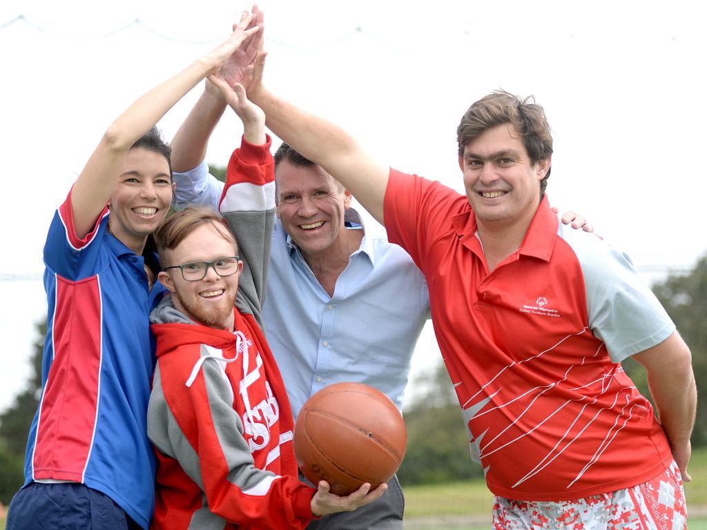 Jessica Disalvo, Mark Jensen, Mike Baird and Keiran Kelleher as NAB announce the sponsorship with the Special Olympics athletes. Photo Jeremy Piper