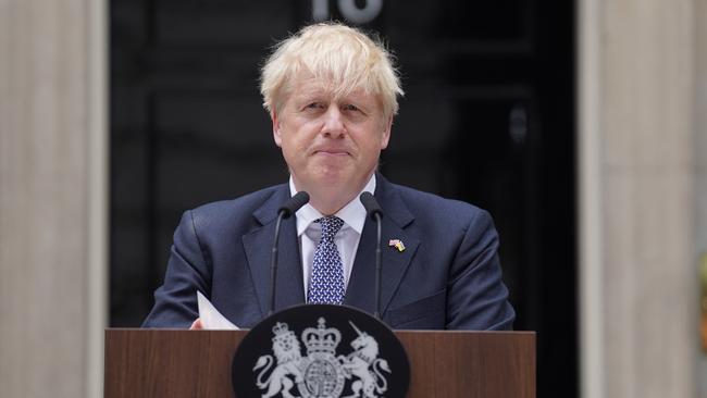 Prime Minister Boris Johnson reads a statement outside 10 Downing Street, formally resigning as Conservative Party leader. Picture: Getty Images