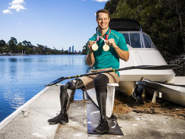 Curtis McGrath with his gold medals from the Tokyo Paralympic Games. Picture: Nigel Hallett