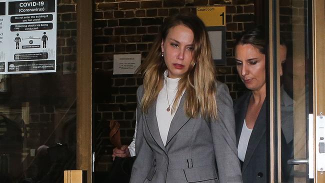 Hannah Quinn (left) leaving the Darlinghurst Court with her solicitor Lauren MacDougall after the sentencing of her partner Blake Davis who was found guilty of the manslaughter of rapper Jett McKee. Picture: Gaye Gerard