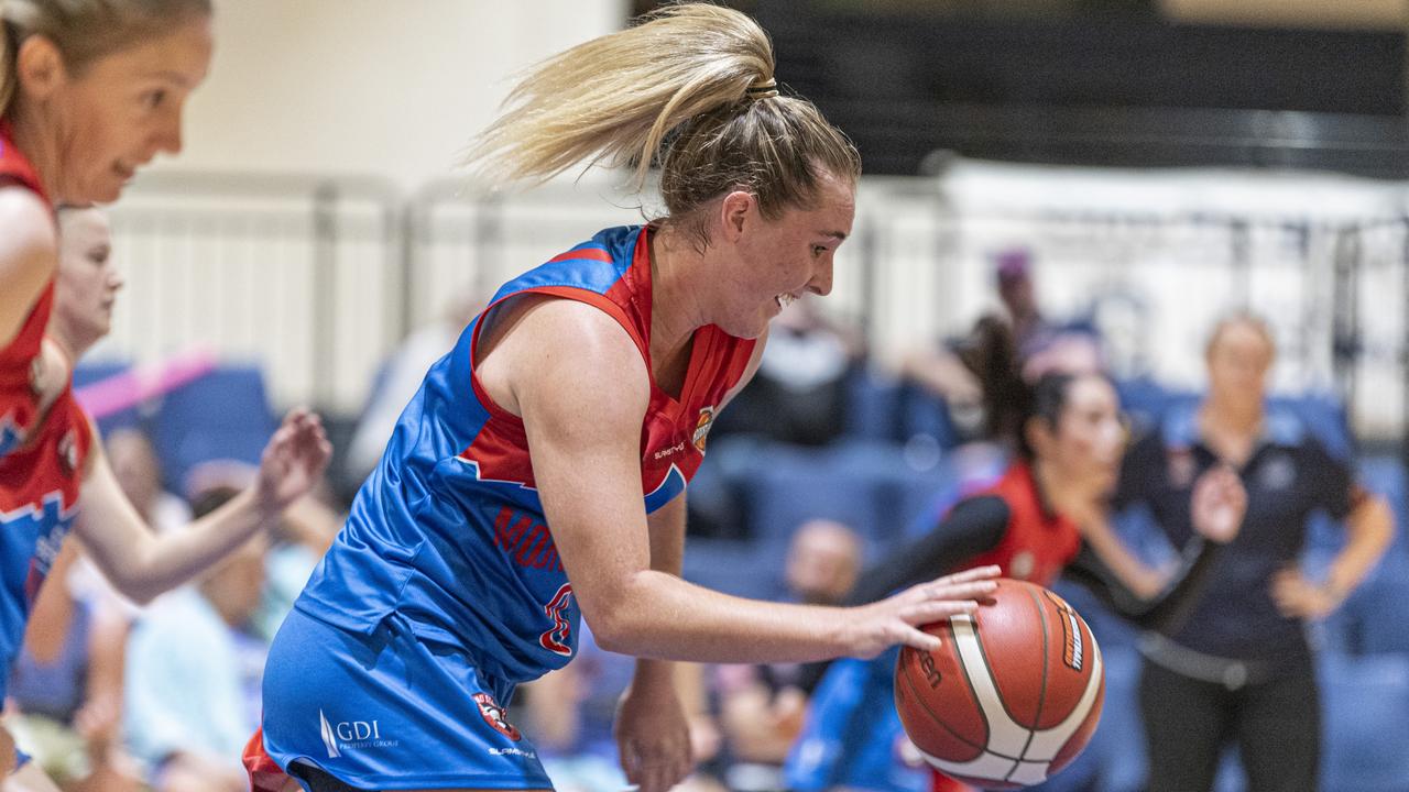 Mia Stower pushes the ball up the floor for the Toowoomba Mountaineers basketball team in the QSL. Picture: Kevin Farmer