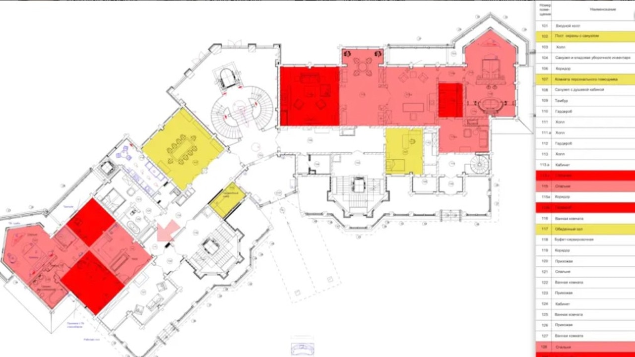 The area in red on the right is believed to be Vladimir Putin’s master suite with an office. Picture: YouTube/Navalny Live