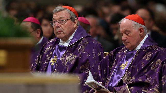 Cardinal Pell, pictured left, will take the stand at the royal commission in a specially convened sitting in a hotel room in Rome. Picture: Giulio Origlia/Getty