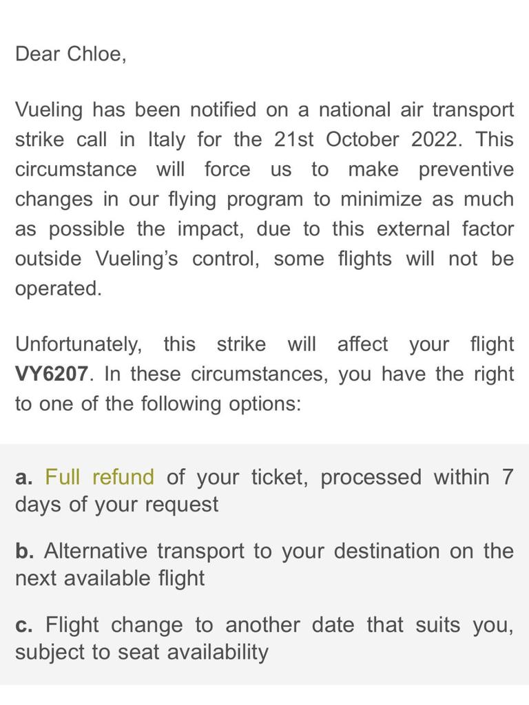 The email Ms Quin received when she was notified her flight had been cancelled. Picture: Supplied