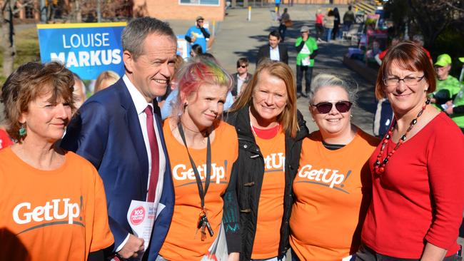 Labor leader Bill Shorten with GetUp members on election day in 2016 in Winmalee, NSW.