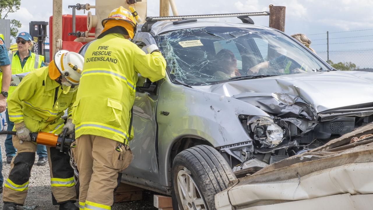 Matthew Bury (left) and Station Officer Greg Stewart. Crews from 318 Alpha and 318 Lima rescue casualties during the trauma response training exercise. Picture: Nev Madsen.