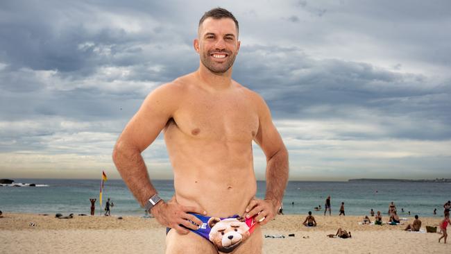 NRL star James Tedesco wears Ted-style Budgy Smugglers at Bondi in promotion of TV series, Ted, streaming on BINGE. Photographer: Tom Parrish