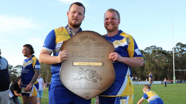 St Patricks coach John Thompson (L) and captain Tyson Brown with the Div 3 Shield. Picture: Steve Montgomery