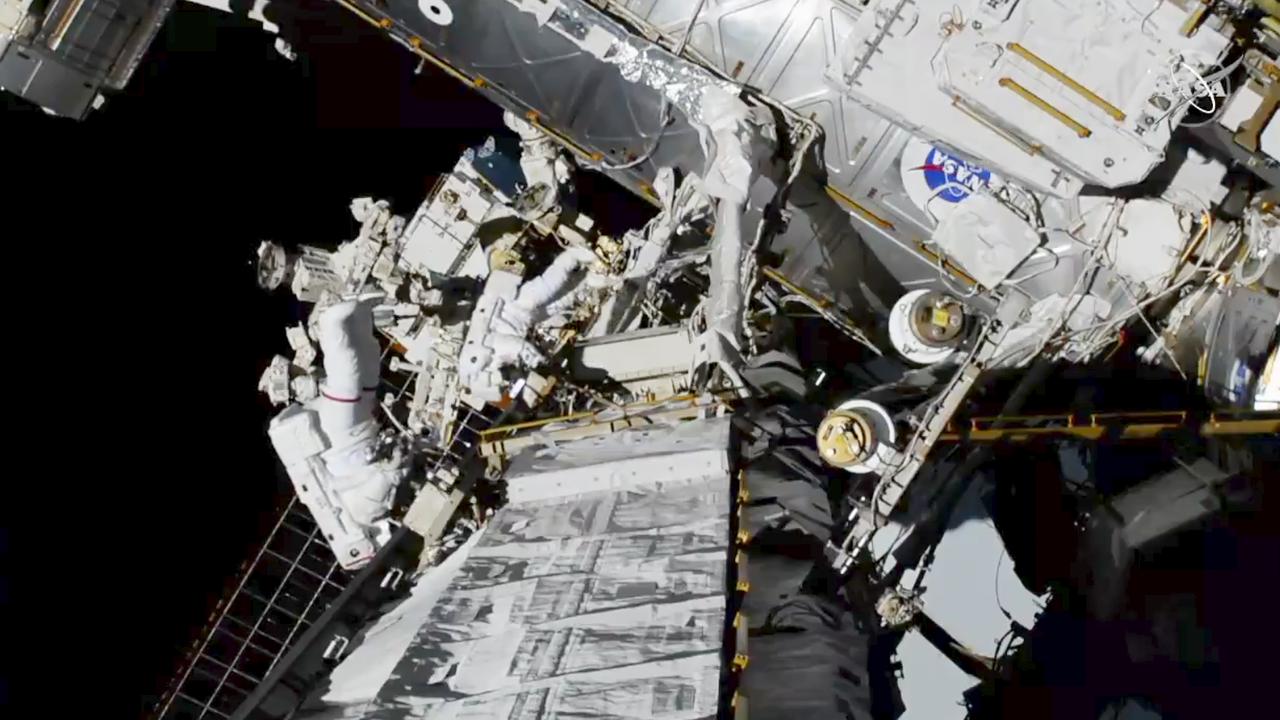 Astronauts Christina Koch and Jessica Meir work on the outside of the International Space Station on Friday, Oct. 18, 2019. Picture: NASA via AP