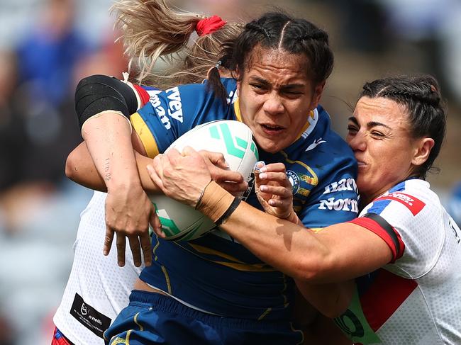 NEWCASTLE, AUSTRALIA - SEPTEMBER 04: Simaima Taufa of the Eels is tackled during the round three NRLW match between Newcastle Knights and Parramatta Eels at McDonald Jones Stadium, on September 04, 2022, in Newcastle, Australia. (Photo by Mark Metcalfe/Getty Images)