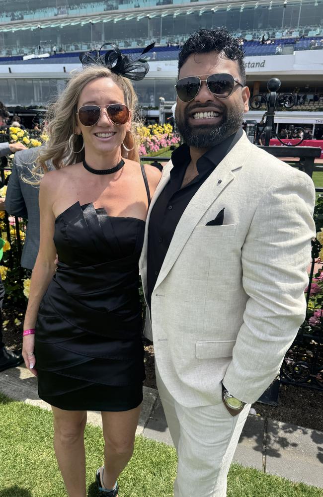 Holly Wynn and Aaron Christian at Flemington for Derby Day on November 2, 2024. Picture: Phillippa Butt