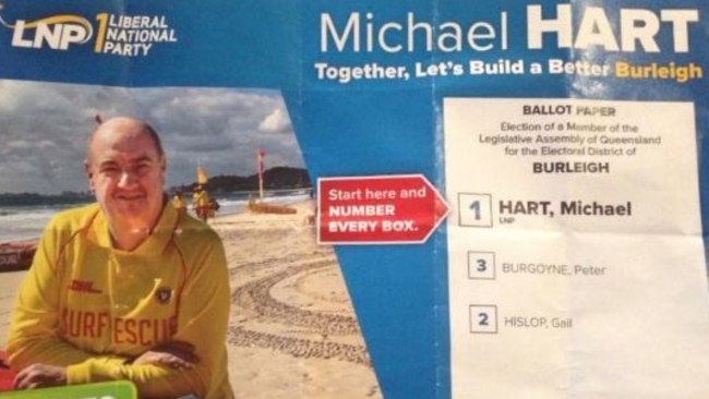 Burleigh MP Michael Hart is pictured in life saving gear on his how-to-vote cards