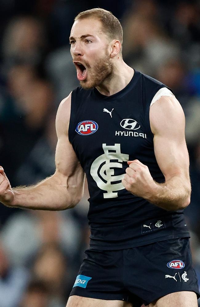 Harry McKay celebrates a goal. Picture: Michael Willson/AFL Photos