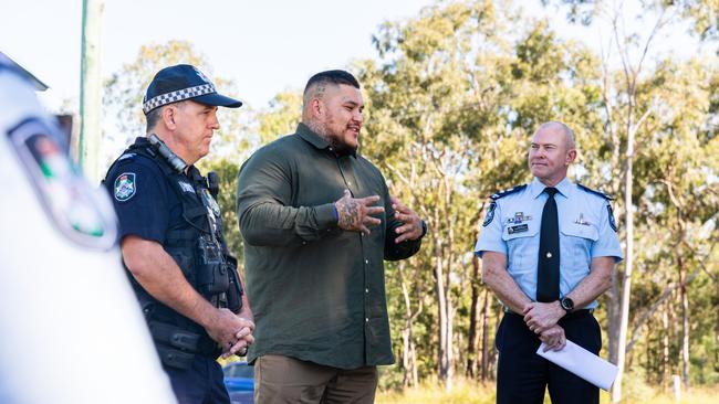 Sergeant Wayne Webber, ambassador Jesse Williams and Acting Superintendent Douglas McDonald outside Yamanto Police Station for the launch of the 'I live my life without a knife' campaign.