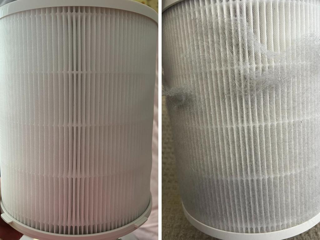 The filter before and after one month of using the air purifier. Picture: news.com.au/Harriet Amurao