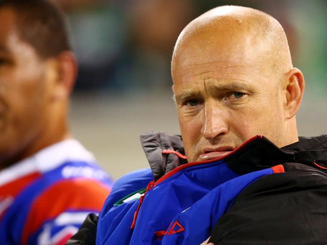 CANBERRA, AUSTRALIA - AUGUST 25: Knights coach Nathan Brown watches on during the round 25 NRL match between the Canberra Raiders and the Newcastle Knights at GIO Stadium on August 25, 2017 in Canberra, Australia.  (Photo by Mark Nolan/Getty Images)