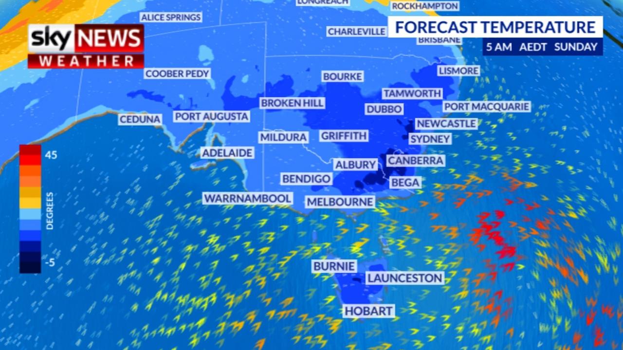 A cold outbreak is set to sweep across southern Australia this weekend. Picture: Sky News Weather.