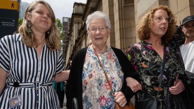 Robyn Hill Leaves court with daughters. Greg Lynn case at Supreme Court Williams Street, Melbourne. Picture: Jason Edwards