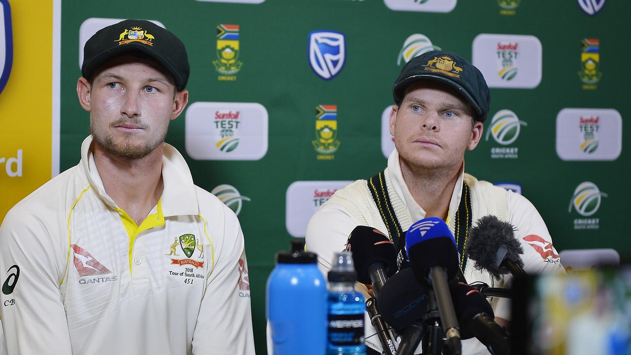 Bancroft and Steven Smith front the media after sandpaper was used on the ball in the infamous Cape Town Test in 2018. Picture: Getty Images