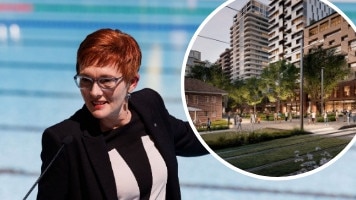 Canva composite of Parramatta chief executive Gail Connolly and an artist's impression of the Parramatta North rezoned precinct.