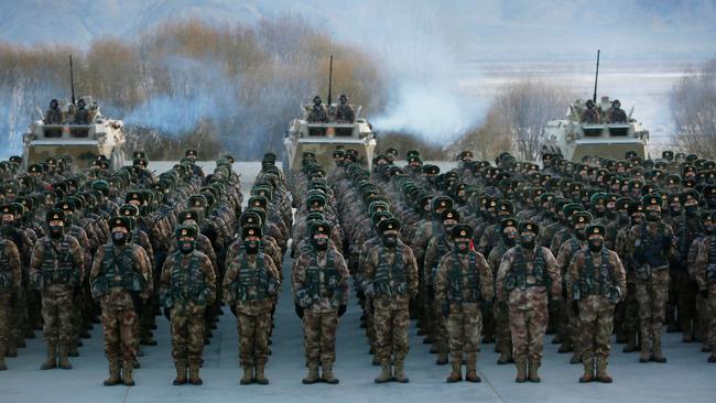 People’s Liberation Army soldiers assembling during military training in Kashgar, in the northwestern Xinjiang region. Picture: AFP