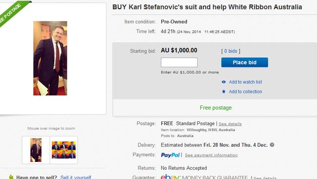 Karl is auctioning off his world-famous blue suit to raise money for White Ribbon.