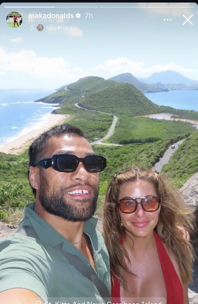 Parramatta's Makahesi Makatoa with his partner Laura in the Caribbean.