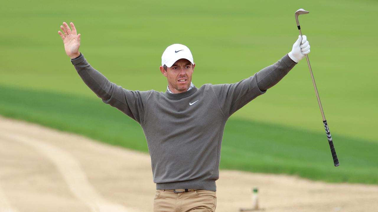 DUBAI, UNITED ARAB EMIRATES – JANUARY 27: Rory McIlroy of Northern Ireland reacts following their second shot for an eagle on the 8th hole during Day Two the Hero Dubai Desert Classic at Emirates Golf Club on January 27, 2023 in Dubai, United Arab Emirates. (Photo by Warren Little/Getty Images)