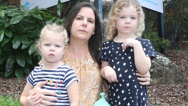 Picture of Kelly Jones with her kids Aya 4 and Aura 3 outside their daycare centre. it has been forced to close after more than 15 years in business after its rent went up.17 May 2022 Oxenford Richard Gosling